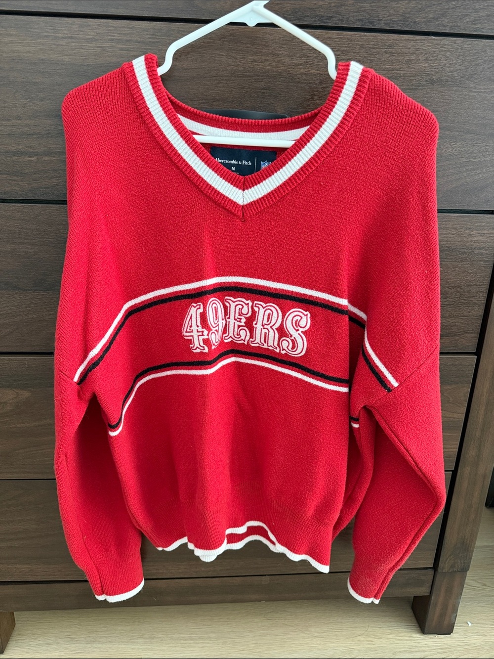 Abercrombie & Fitch Red 49ERS V-Neck Pullover with White & Black Trim